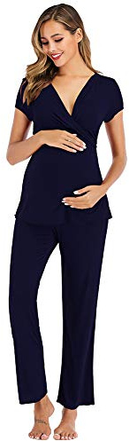 rismart Dam moderskap och amning pyjamas set kortärmad gravid sjukhus nattkläder t-shirt topp med byxa, BLÅ, M