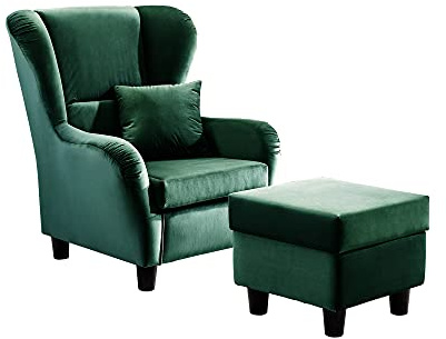 lifestyle4living Sillón orejero con taburete tapizado en terciopelo verde esmeralda. El sillón acolchado perfecto para largas noches de televisión y de lectura.