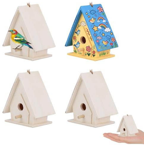 Tissting Casa para Pájaros, Mini Casa Colgante de Madera Natural con Cordón para Jardín y Patio, Nido Decorativo para Aves, Set de 4 Piezas para Decoración Exterior