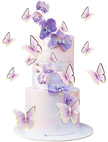 30Pcs 2D Waterproof Purple Butterfly Cake Topper Transparent Golden Butterflies Cupcake Toppers for Butterfly Birthday Wedding Floral Cake Decorartions Butterflies Wall Decorations Party Supplies