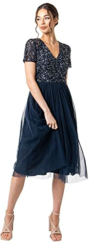 Maya Deluxe Femme Maya Deluxe Soirée Midi Ornée pour Femme avec Col en V et Manches Courtes Bal Fin D' Robe de demoiselle d honneur, Bleu Marine, 38/ SIZE 10 EU