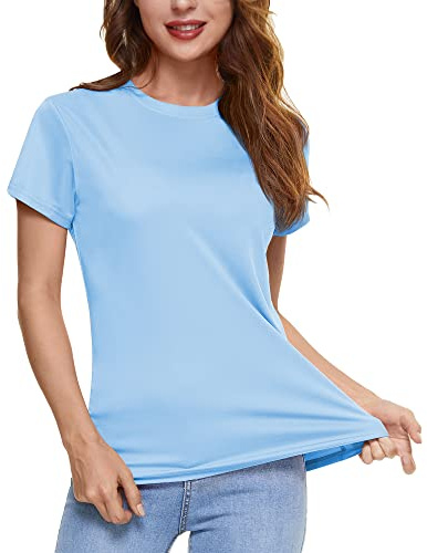 KEFITEVD Chemise de Sport Respirante pour Femmes Été Manches Courtes Hauts de Course Léger Hauts d'entraînement Bleu Cascade, L