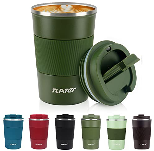 Tlater Termo para Cafe, 380ml/13oz Vaso Termico Cafe para Llevar con Tapa - Taza Termo - Acero Inoxidable al Vacío de Doble pared Termos Cafe Pequeño para Bebidas Frías y Calientes, Café, Agua y Té