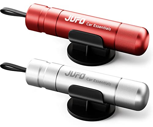 JUFO Pro 2x Flash Hammers for Car, Window Breaker & Belt Cutter, Silver/Red | Car Emergency Escape Tools with Spring-Loaded Glass Breakers and Recessed Seatbelt Cutters; Compact for Front and Rear Seats