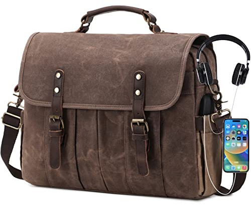NerIion kurirväska för män 15,6 tum vintage canvas äkta läder portfölj för män laptopväska vattentät dator skolväska axelväska (brun)