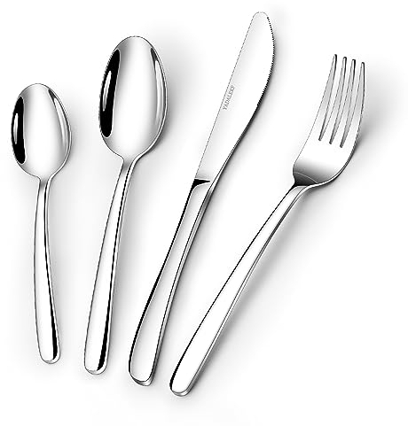 24 teilig Besteck Set, Edelstahl Essbesteck für 6 Personen mit Messer Gabel Löffel, Gehämmertes Tafelbesteck für Haushalt/Küche, Hochglanzpoliert Spülmaschinenfest