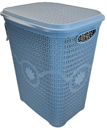 Best House | Plastic Laundry Basket | BLUE | 65 Litres | Large | Knitted/Rattan Style | Laundry Storage Basket with Lid | Clothes Storage Washing Bin Basket Hamper for Bathroom Bedroom (Pack of 1)