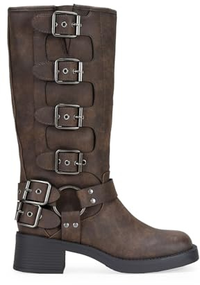 BOSANOVA Botas Altas Estilo Biker confeccionadas con Detalle de argolla metálica y Hebillas Decorativas en la caña y Suela Plana con Ligero tacón de 4.7 cm Sin Cierre. Calzado para Mujer Marron 37