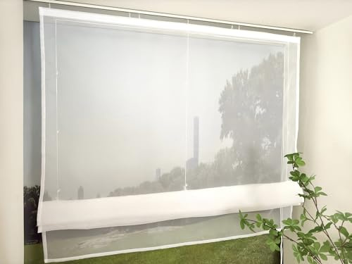 Devola Tenda a pacchetto trasparente con velcro per soggiorno, in tinta unita, stile rustico, in voile, corta, 140 x 60 cm, colore bianco, 1 pezzo
