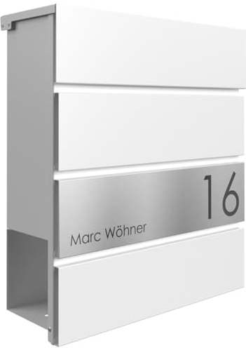 Briefkasten Manufaktur Design Briefkasten Kant Edition mit Zeitungsfach - Elegance 1 individuell mit Ihrem Namen & Hausnummer (RAL 9016 verkehrsweiß)