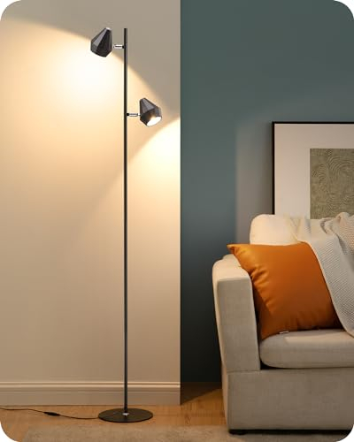 EDISHINE Lampada da Terra Dimmerabile, Piantana Salotto Moderna, 2 Luci Individuale, Stile Vintage, LED3000K, per Soggiorno, Camera da Letto e Ufficio, Nero