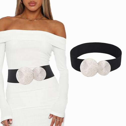 Auwoyss Damengürtel Kreis Stretch Kleider Gürtel Elastischer Vintage Taillengürtel für Damen und Mädchen, schwarz / silber, S(27-31)