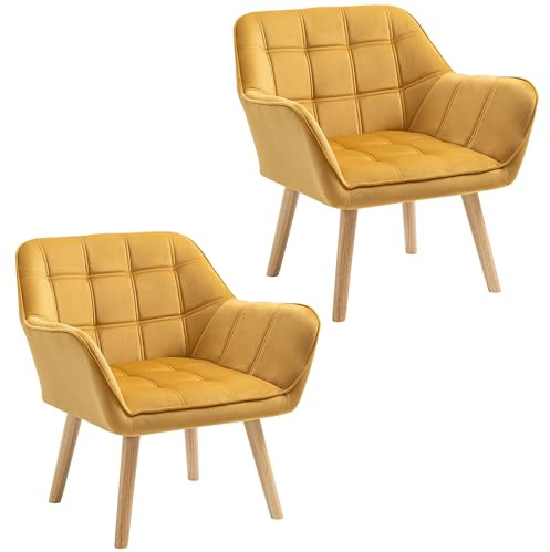 HOMCOM Modern Armchair, Accent Chair with Wide Arms, Slanted Back and Rubber Wood Legs for Living Room, Bedroom, Home Office, Set of 2, Yellow