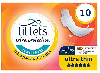 Lil-Lets Extra Protection Ultra Pads X 10 (1 Pack), with Wings, for Extremely Heavy Flow Periods and Perimenopause
