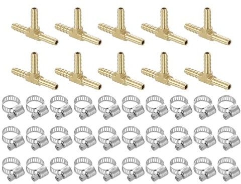 QUARKZMAN 2 Stück 3 Wege Messing Schlauchverbinder 4.7mm T Stück Messing Schlauchtülle, T förmige Messing Fittings mit 6Stück Schlauchschellen für Wasser Kraftstoff Luft