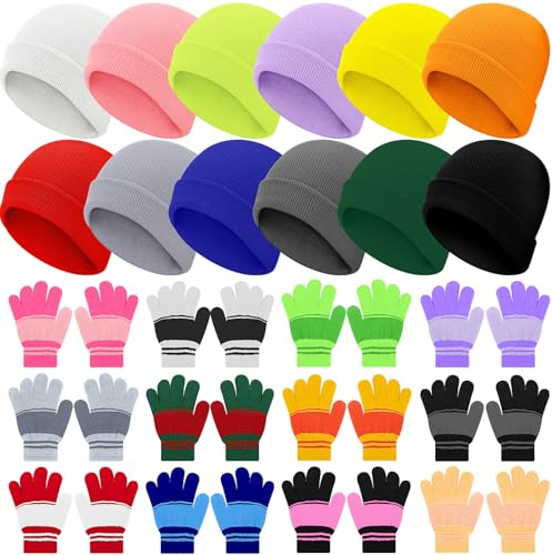 Twistover 24 Pcs Kids Hats and Gloves Sets Winter Knit Beanie Hat Gloves Bulk Warm Unisex Cap for Boy Child Girl Cold Weather(Bright Color)