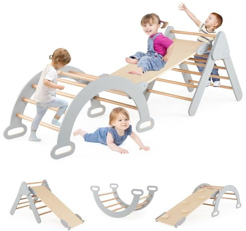 DREAMADE Triangle Escalade Bebe Montessori pour 1+ Ans, Échelle d’Escalade en Bois avec Triangle/Arche/Rampe, Convient pour Enfant à Maternelle, Maison (Gris+Naturel)