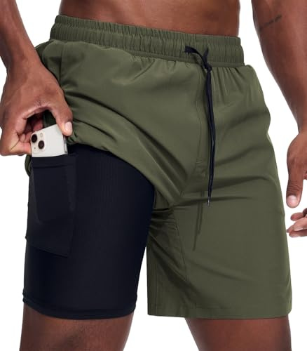 Danfiki 2-i-1 korta sportbyxor för män med integrerade fickor, Färg: grön, XL