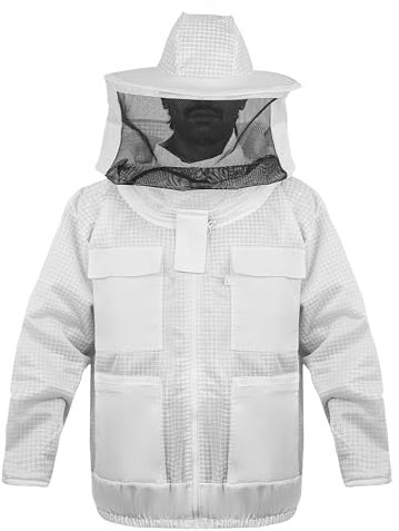 Professionelle Imkerjacke mit Hut, 3-Lagen-Mesh, Reißverschluss, 4 Taschen, Weiß, S