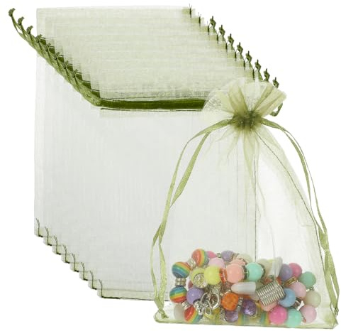 100 stycken organzapåsar, 10 x 15 cm, Organza-påsar i glasgrönt med dragsko, påsar att fylla som bröllop godispåsar, smyckespåse, presentpåse