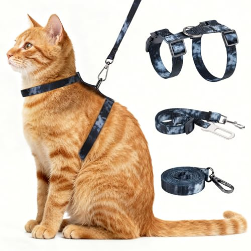 Cat Harness and Leash Set, 3-in-1 Escape Proof Adjustable, Comfortable Soft Lightweight, Safe, Easy to Wear, Walking Travel Kitten Harness for Small Medium Cats （Black