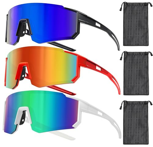 Esshogo Sportsolglasögon, 3 stycken, UV400, polariserade, vindtät, för racingcykel, löparglasögon för utomhusaktiviteter