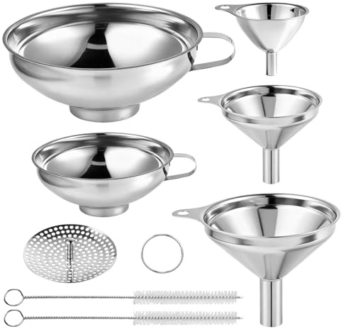 5 Piezas Embudos de Acero Inoxidable - embudo de Boca Ancha y mini apilable, con 2 Cepillos de Limpieza y filtro acero inoxidable para Filtrar Líquidos, Mermelada y Polvo