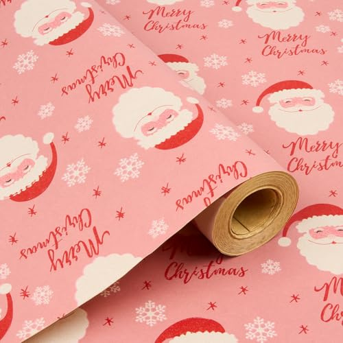 Papier cadeau de Noël : Rouleau de papier kraft rose à motif Père Noël, recyclable, pour emballer vos cadeaux et décorer vos fêtes de fin d'année - 43 cm x 15 m