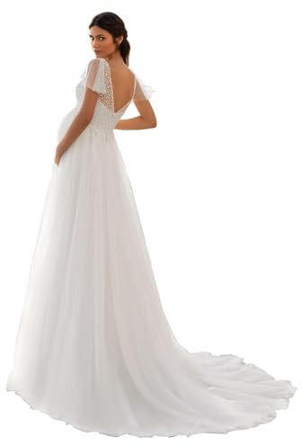 HAIBFJIN Vestido de maternidad de tul, cuello en V, vestido de novia para embarazadas, vestidos de maternidad para baby shower, sesión de fotos, beige, 50