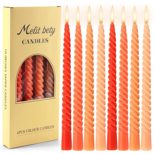10 inch Tapered Candles,Pack of 8 Twisted Gradient Dinner Candles,Scentless and Smokeless Colored Candles for Birthdays, Weddings, Parties(Orange).