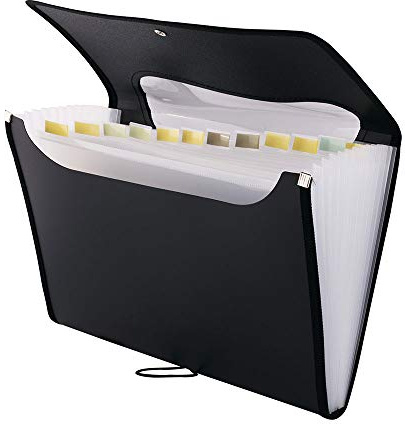 D.RECT 110541, Cartella portadocumenti espandibile, 12 scomparti, formato A4, Chiusura con cordino elastico, Colore nero
