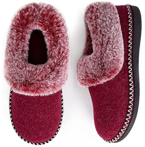 EverFoams Women's Bootie Slippers Warm Soft House Shoes with Fluffy Collar | Memory foam,non-slip,indoor,furry,fuzzy,faux fur,supportive,rubber sole,outdoor