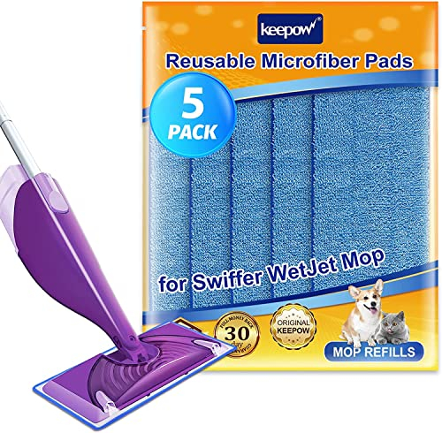 KEEPOW 5 Stück Feuchte Bodentücher für Swiffer Wetjet, Waschbare und Wiederverwendbare für Swiffer Wetjet Nachfüller, Nass- und Trockengebrauch Mop Pads für Hartholz, Laminat, Fliesen(30×14cm)