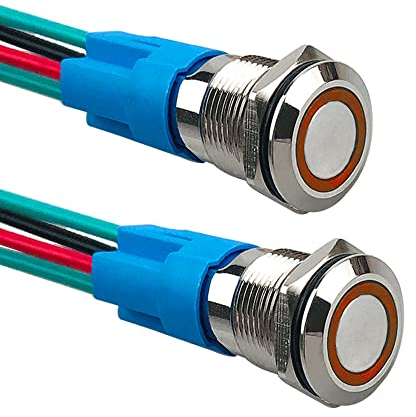 Aiqeer 2 Pièces 12 mm Commutateur Bouton-Poussoir Momentané, 12V / 24V 3A Interrupteur à Bouton-Poussoir en Acier Inoxydable Étanche IP66, avec Prise Pré-Câblée (LED Jaune)