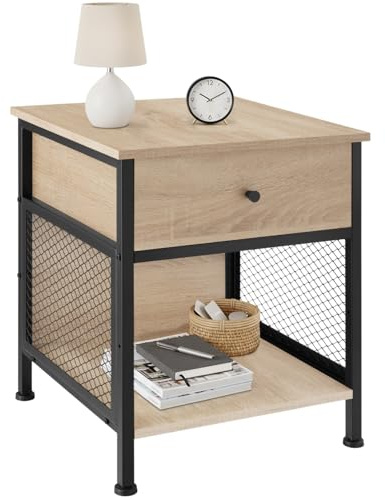tectake® Mesita de Noche con Rejilla Lateral, Mesa Auxiliar Sofa, Mesitas de Noche, Decoracion Hogar, Mesa Auxiliar Salon, Oficina, Muebles - 46 x 45 x 55,5 cm Madera Industrial Clara, Roble Sonoma