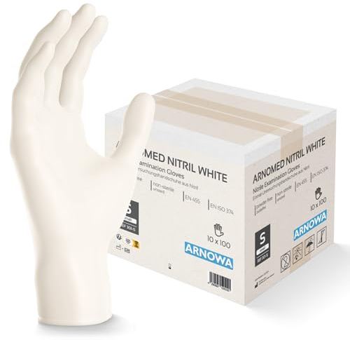 1000 Stück ARNOMED Einweghandschuhe Weiß, Einmalhandschuhe S, Nitril Handschuhe Einweg, Nitrilhandschuhe puder-/latexfrei, Gummihandschuhe Einweg, Schutzhandschuhe, Handschuhe Nitril XS, S, M, L, XL