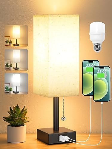 Kakanuo Nachttischlampe mit USB A+C-Anschlüssen, 3 Farbtemperaturen, Kleine Lampe mit Zugschalter Weißer Leinen-Lampenschirm, Tischlampe für Nachttisch Wohnzimmer Schlafzimmer Büro Kinderzimmer