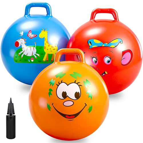 Ynanimery Bouncy Balls with Handle for Kids, Ride On Toys Balls for Kids 3 4-8, 3 Pack Hopper Ball 18 Inch Size with Air Pump for Kid Jumping Sports Ride Games Balance Exercise Indoor Outdoor Fun Toy