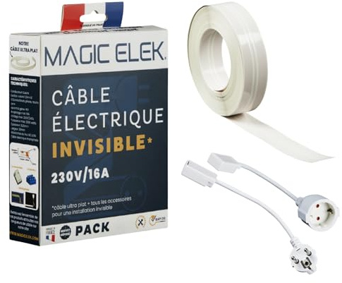 MAGIC ELEK - Câble électrique invisible ultra plat 5M 230V/16A – 3 LIGNES - disparaît sous peinture, papier peint, carrelage… Fini les goulottes passe câble…