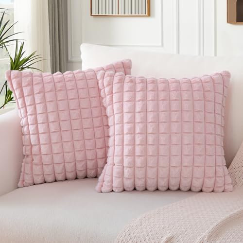 Soleebee 2er Set Plüsch Samt Kissenbezüge, Weiche Künstliche Pelz Plaid Textur Kissenbezug Sofa Zierkissenbezüge Dekokissen Kissenhülle Set für Couch Schlafzimmer Zuhause Dekor (60x60cm, Rosa)