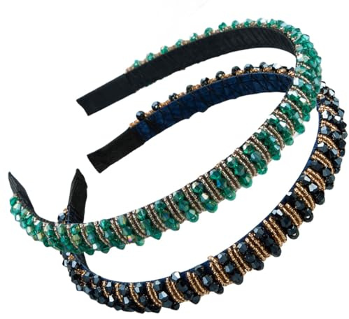 scicent Hairband 2 Pieces Crystal Rhinestone Headbands Thin Embellished Head Band Fashion Hair Bands Party Wedding Headpiece Hair Accessories for Women and Girls (Black+Green) - 16032