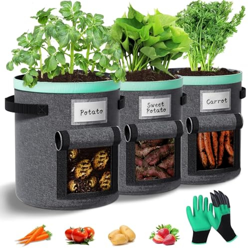 Paerduo Saco para plantar patatas de 27 litros, 3 unidades: bolsas con asas y ventana para plantar patatas para plantar verduras, flores, frutas (gris, 7 galones)