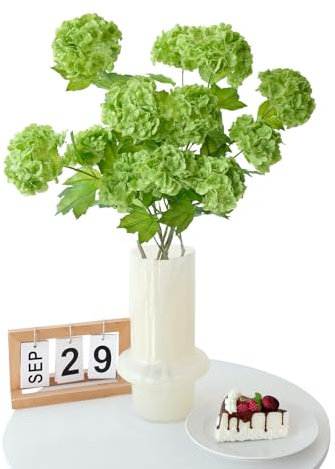 JINWOE Dark Green Snowball Viburnum Artificial Flowers,4Pcs Lifelike Small Fake Hydrangea,Real Touch Faux Flowers for Bouquet Home Wedding Table Centerpiece Indoor Home
