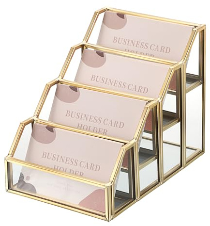 Hipiwe 4 Slots Glass Business Card Holder for Desktop, Gold Mirrored Business Card Display Stand, Multiple Clear Business Name Card Organizer Holder for Office Exhibition