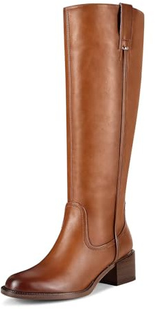 ITOZER Knee High Boots For Women Chunky Heel Round Toe Leather Patent Boots High Heel Side Zipper Boots, Brown, 7 UK