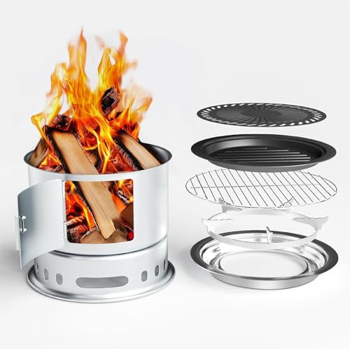 GFTIME Tragbarer Holzofen,Campinggrill Raketenofen mit Grillplatte Grillrost, Campingkocher für Kochen, Heizen und Grillen, Camping Kocher, Camping Holzofen für Dutch Oven, holzkohlegrill Outdoor
