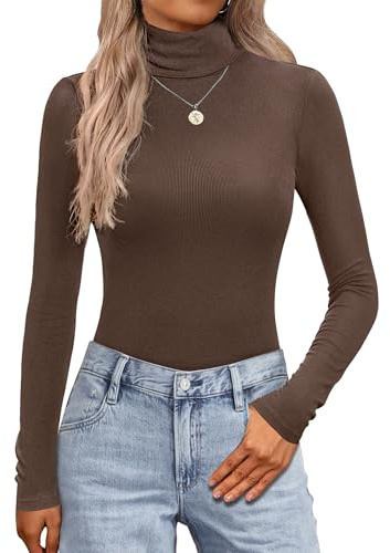 Zeagoo Maglia a maniche lunghe da donna Pullover a collo alto Elegante Basic Top Slim Fit Canottiera a coste Stretch Dolcevita Tinta unita Pullover Top Casual XS-XXL, marrone, XS