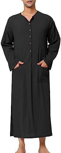 Camicia da notte da uomo, a maniche lunghe, con tasche e bottoni, lunga tinta unita, a maniche lunghe, pigiama, biancheria da notte, comodo, accappatoio regolare, O nero., 3XL
