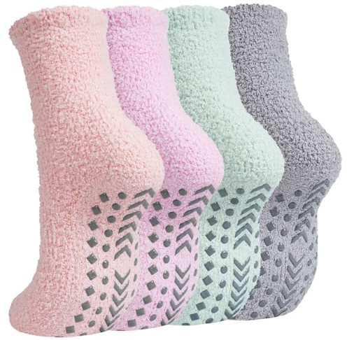 Caldodo Women's Fluffy Slipper Socks, Winter Warm Bed Socks for Ladies | 4 Pairs Thermal Fuzzy Socks with Grippers, Girls Cosy Fleece Non Slip Socks for Home Floor Sleeping