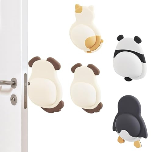 KEWUF 4 Piezas Topes Puertas, Tope Puerta Pared, Tope Puerta Adhesivo, Almohadillas Antichoque De Caucho Suave, Amortiguamiento, Decoración, Silencioso (Grosor 14 Mm, Gato, Perro, Pingüino, Panda)